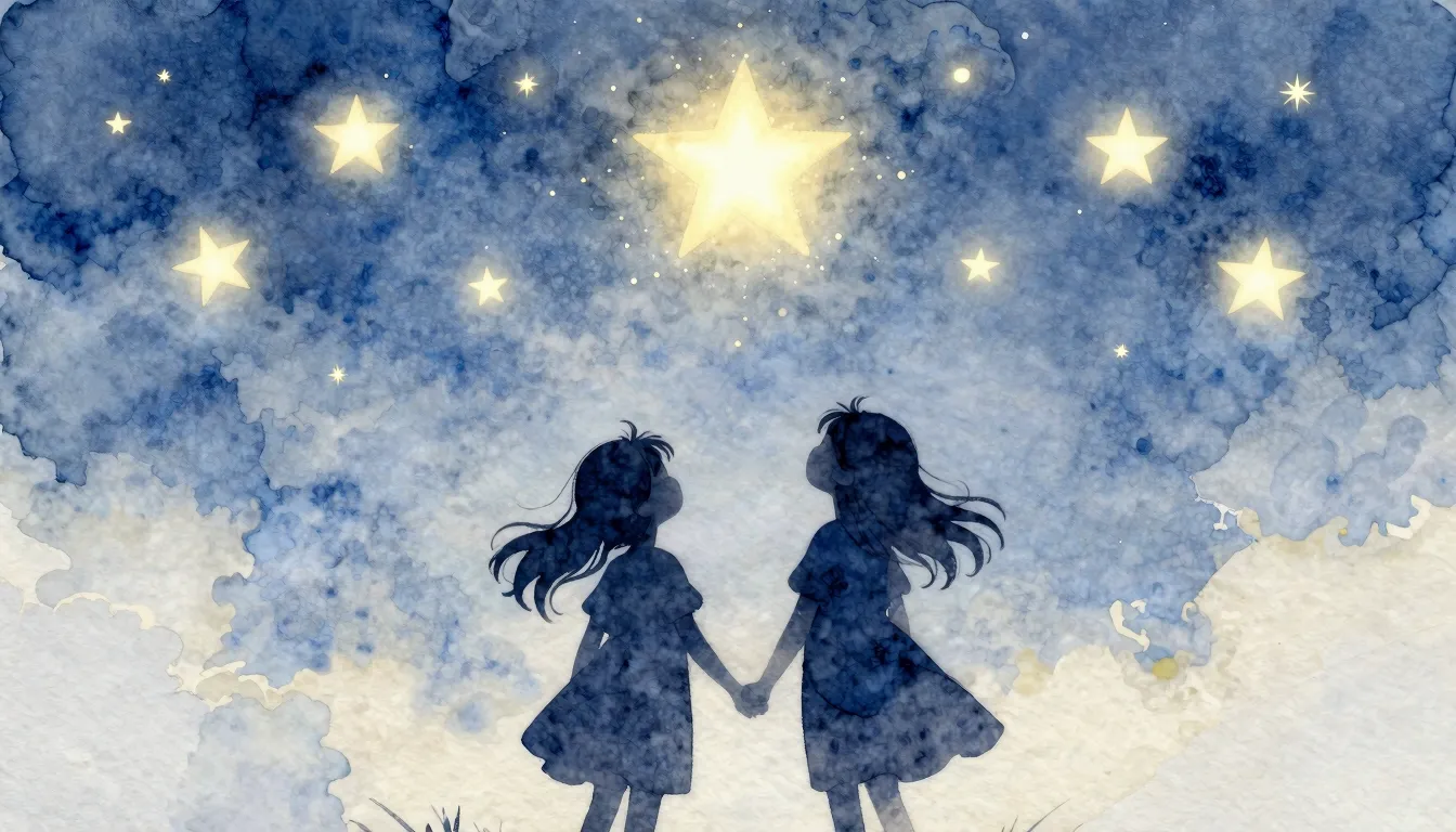 Watercolor style. A silhouette of two young girls holding ha...