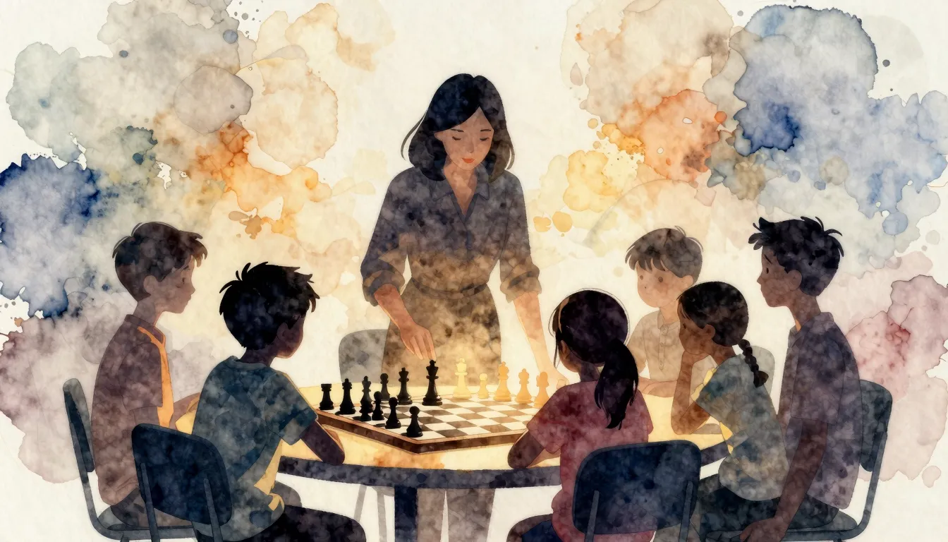 Watercolor style. Silhouette of a teacher and children sitti...
