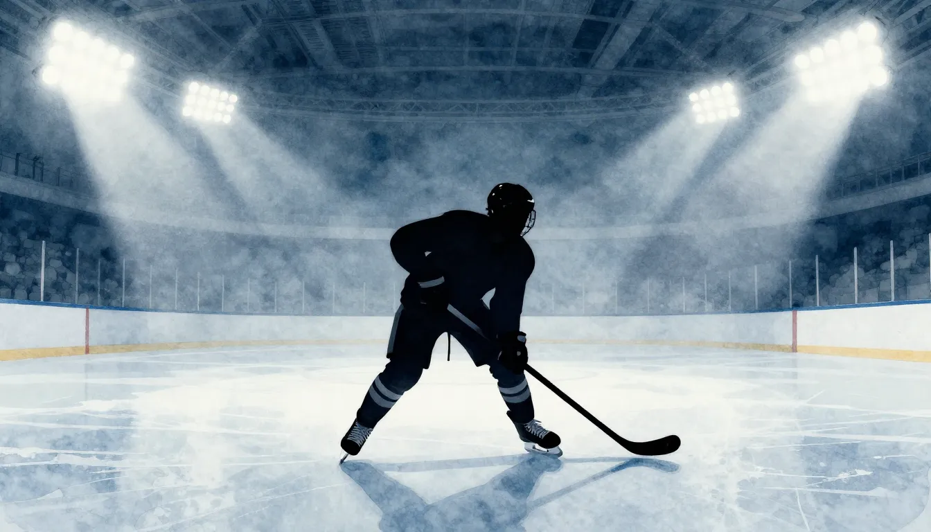 Watercolor style. Silhouette of a hockey player on a frozen ...