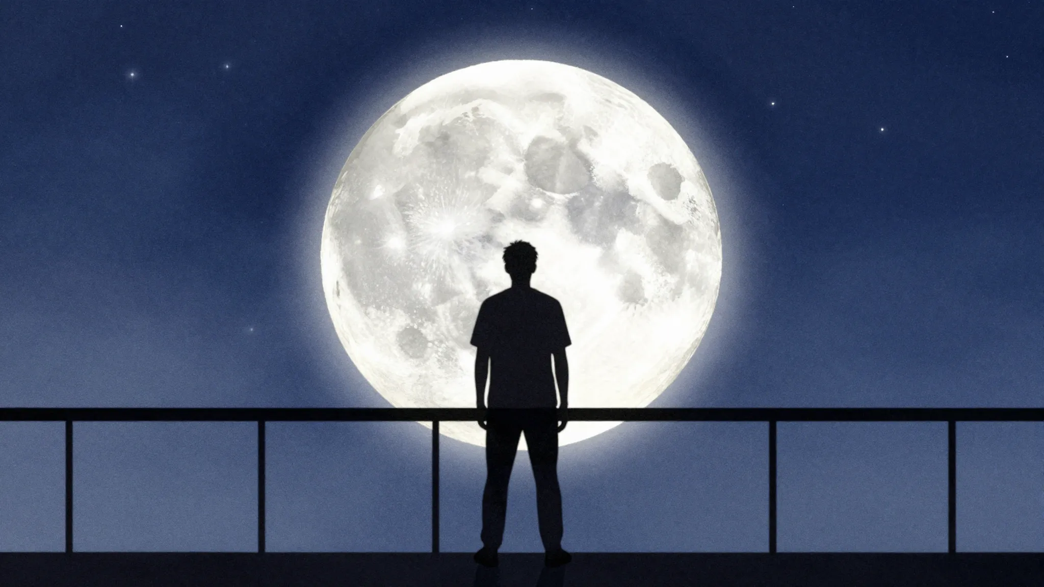 Watercolor style. A silhouette of a man standing on a balcon...