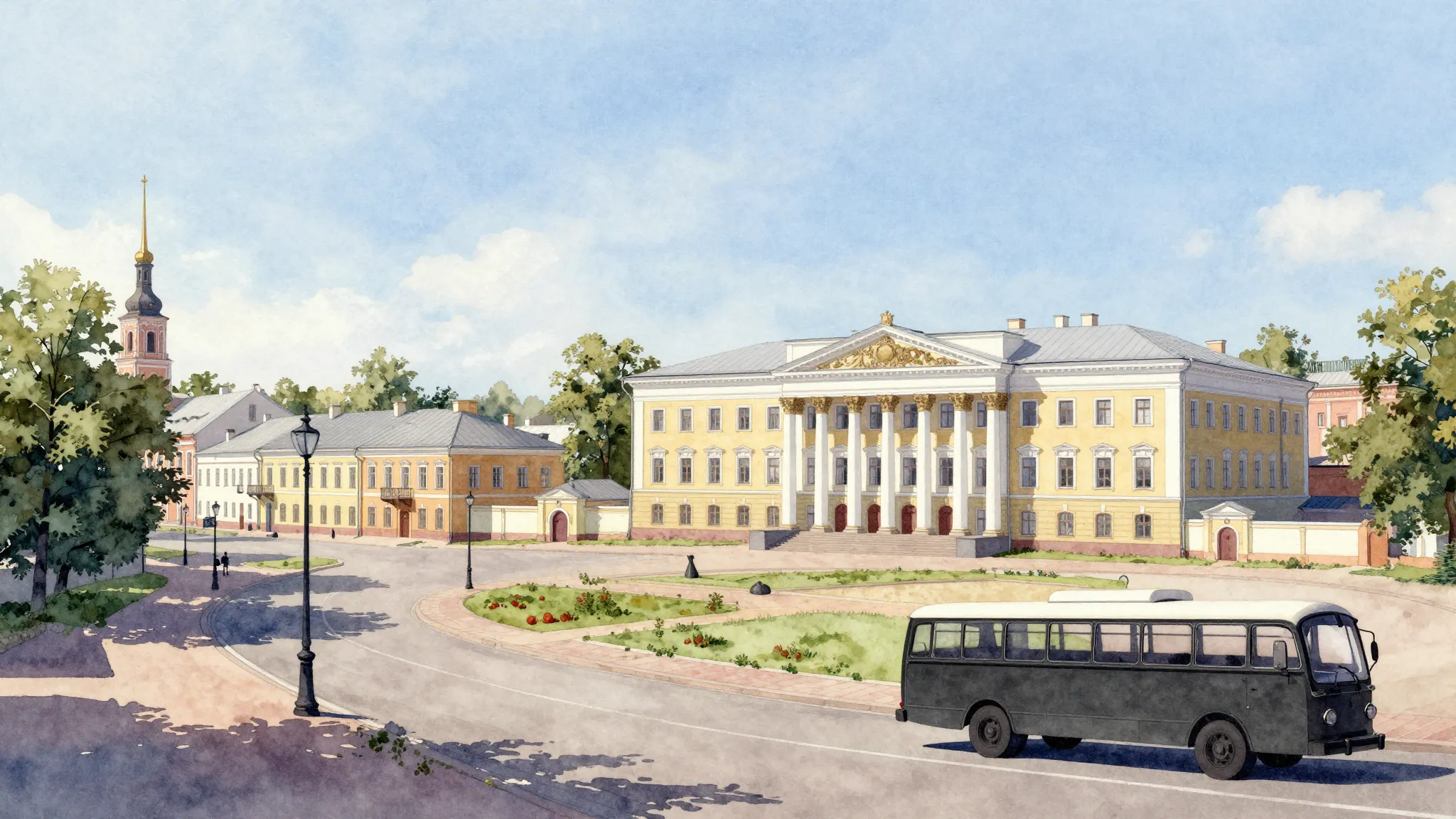 Watercolor style. A wide-angle view of a historic Russian pr...
