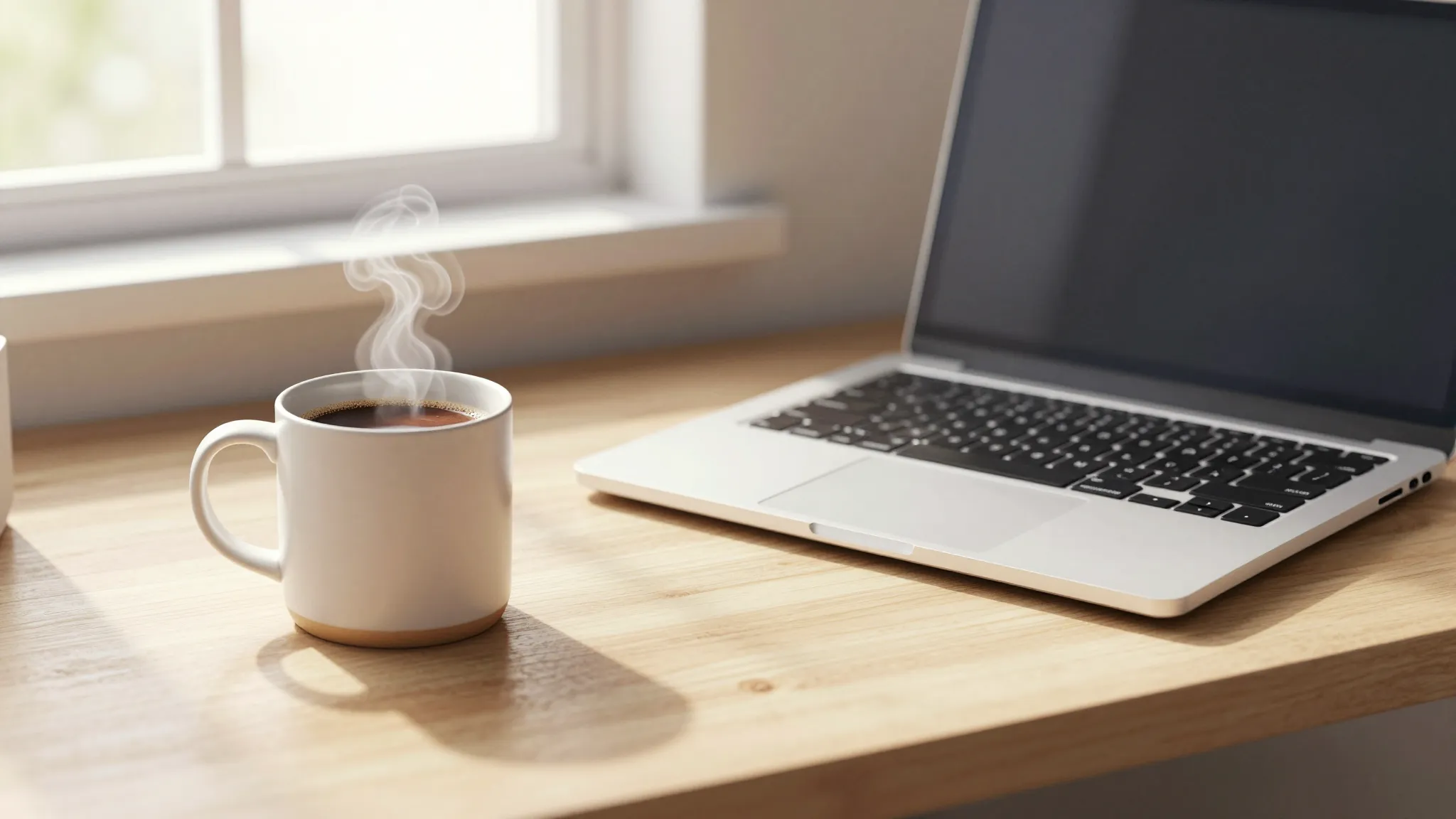 Watercolor style. Cozy morning desk with a steaming ceramic ...
