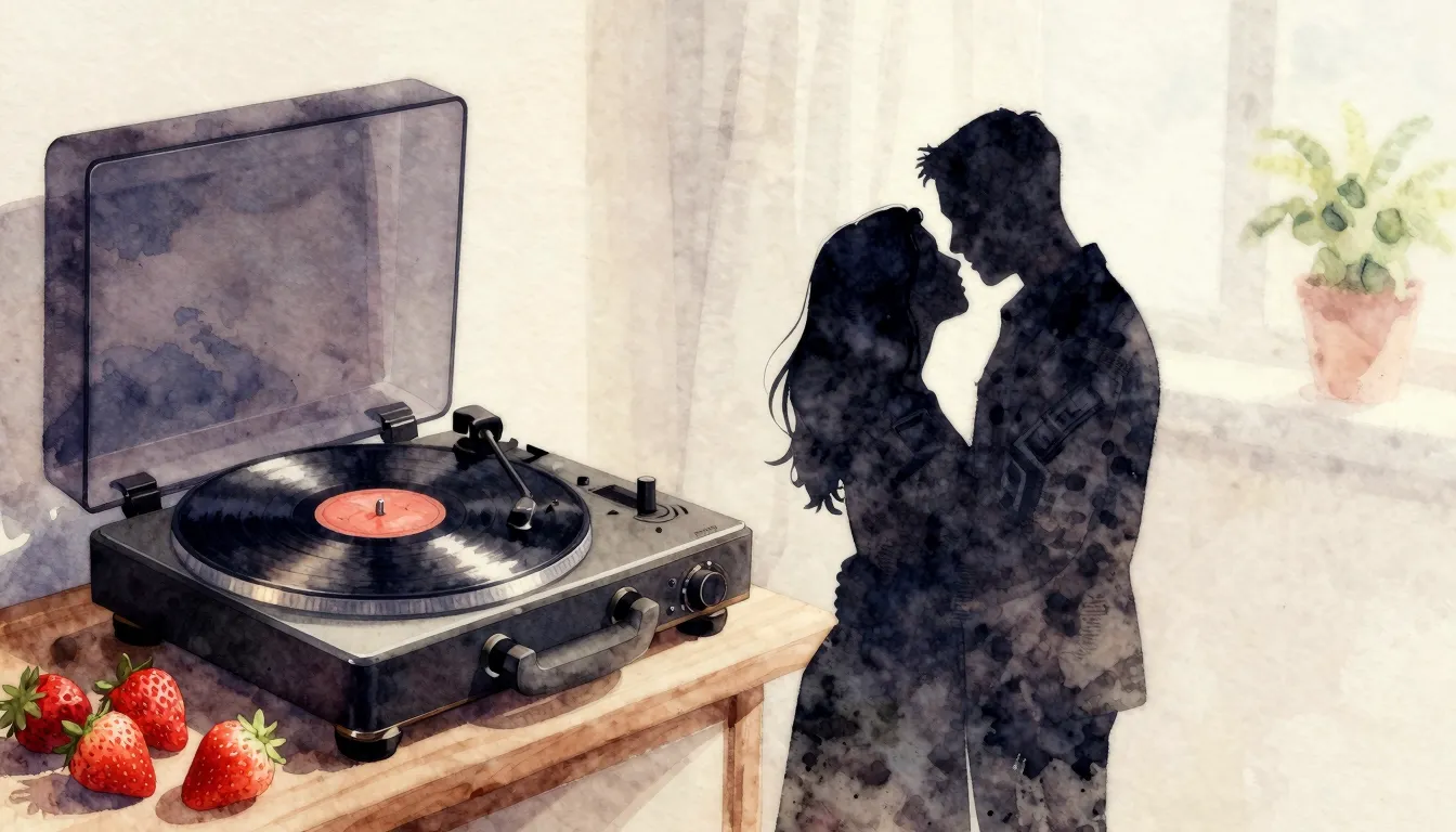 Watercolor style. A silhouette of a couple in a cozy room, a...