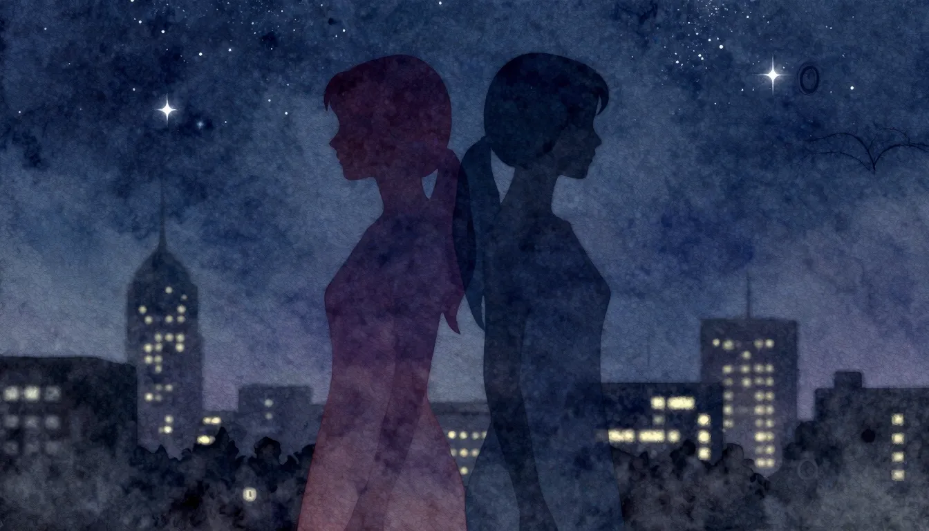 Watercolor style. Two distinct female silhouettes, one vibra...