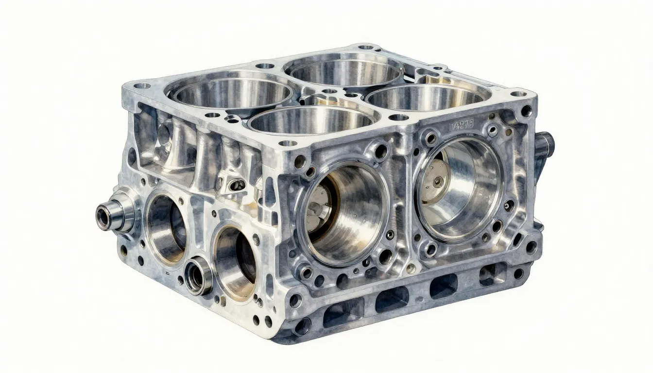 Watercolor style. Detailed metallic engine cylinder head, sh...