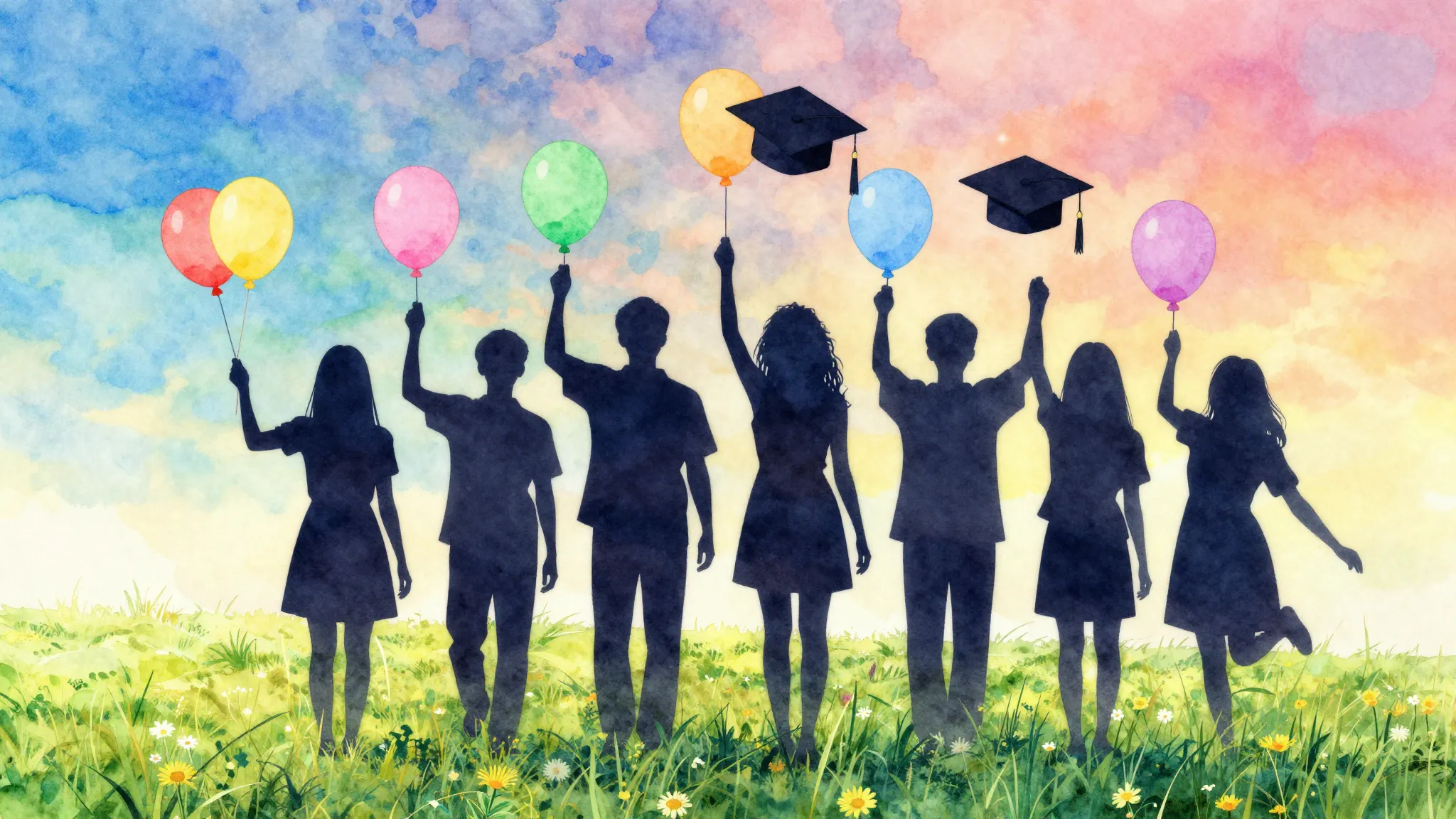 Watercolor style. Silhouettes of a happy group holding ballo...