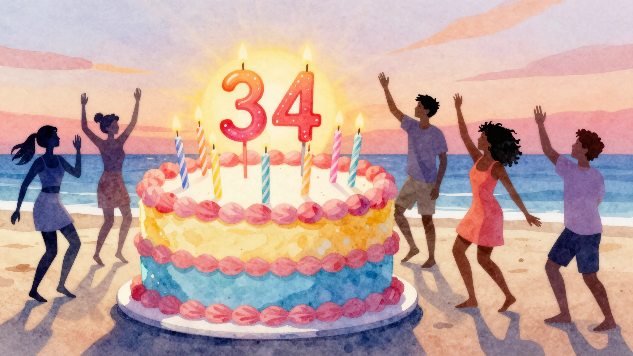 Watercolor style. A vibrant, colorful birthday cake with 34 ...