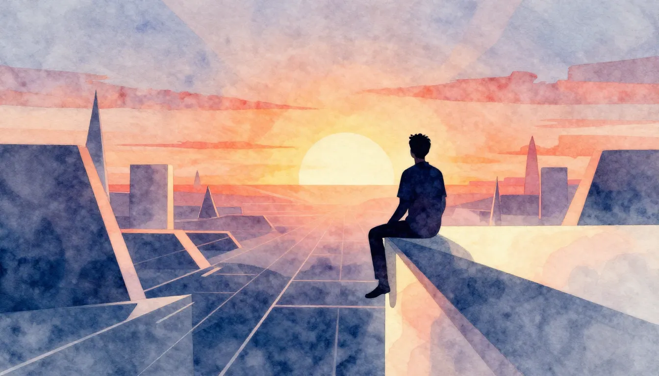 Watercolor style. Stylized silhouette of a man sitting on th...