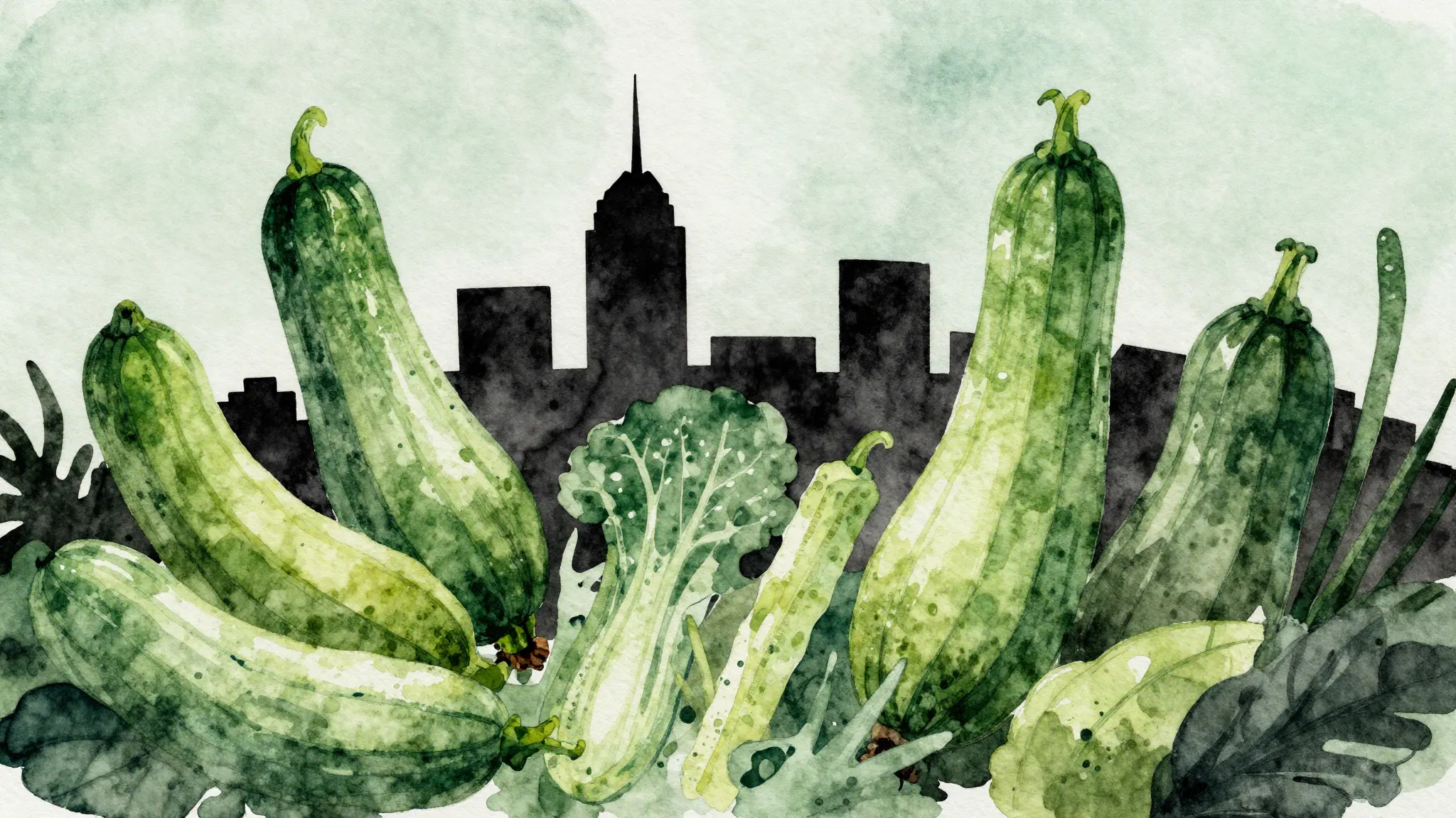 Watercolor style. Green chaotic garden explosion, aggressive...