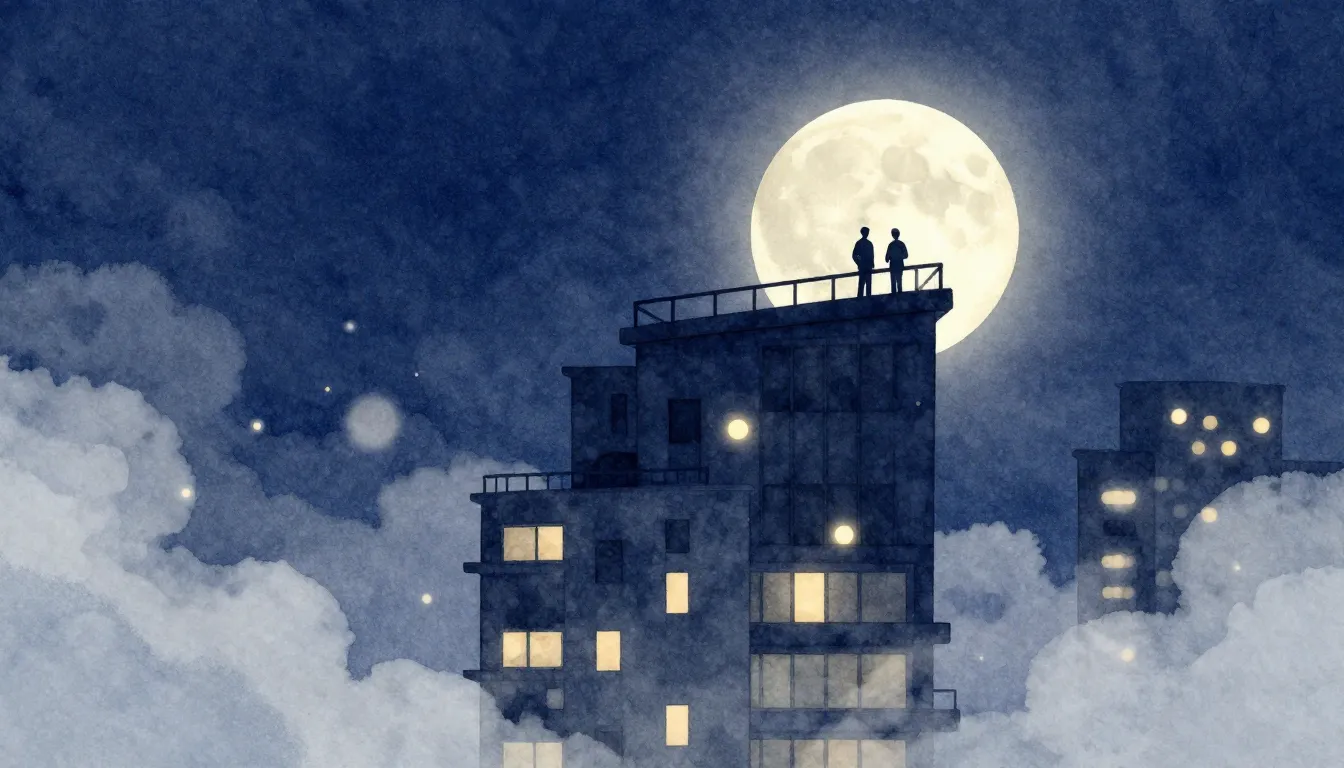 Watercolor style. A stylized night scene of a modern high-ri...