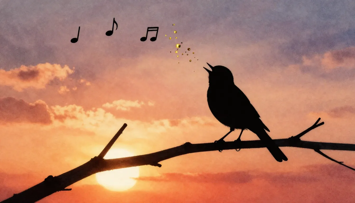 Watercolor style. A lone silhouette of a bird singing on a b...