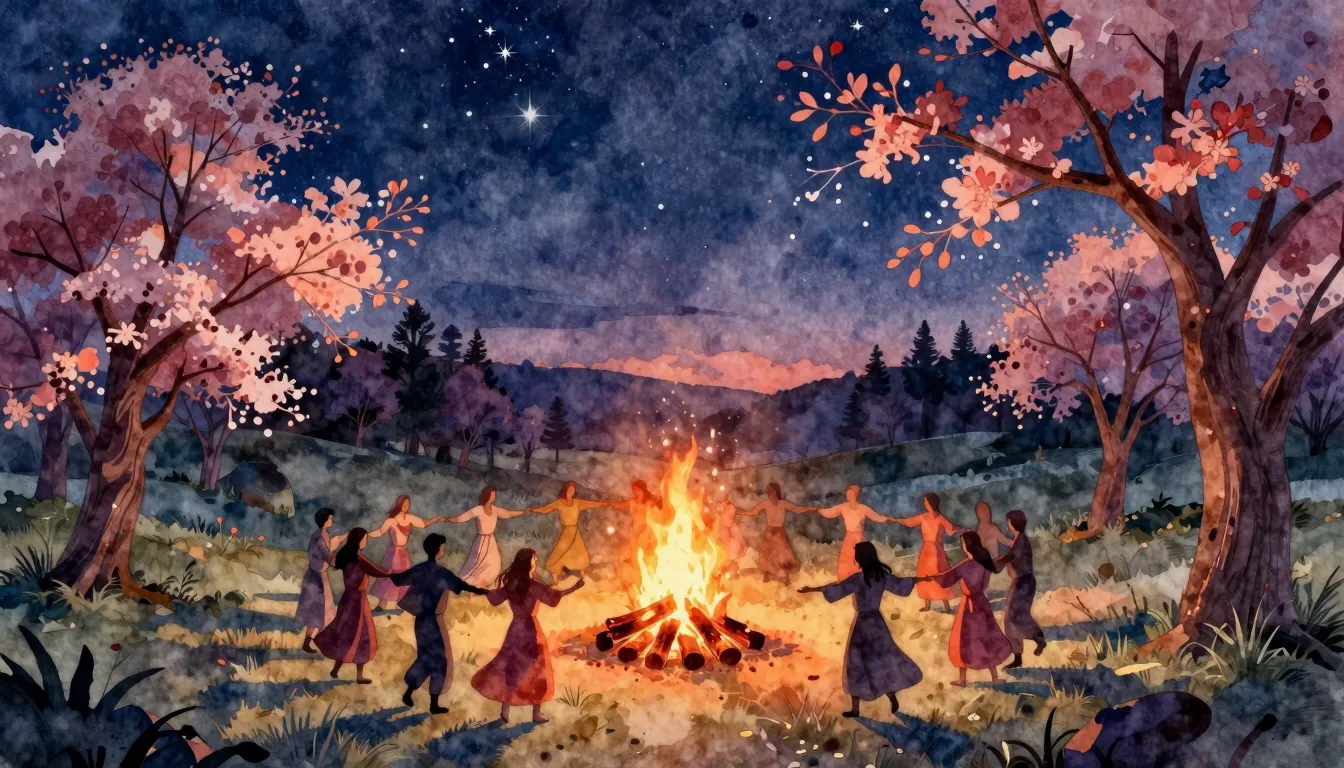 Watercolor style. A serene landscape with a glowing bonfire ...