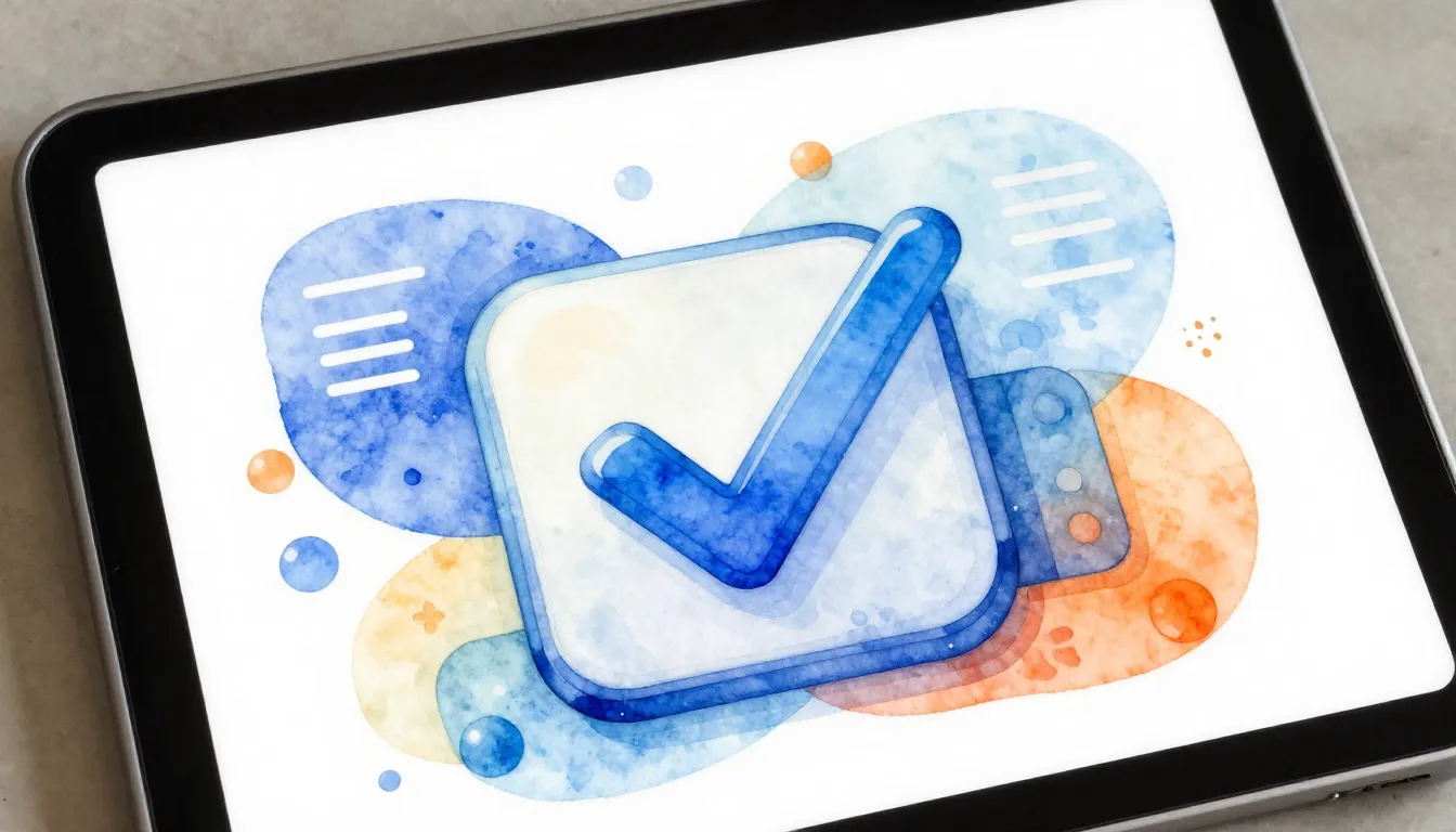 Watercolor style. A digital tablet displaying a 3D checkmark...