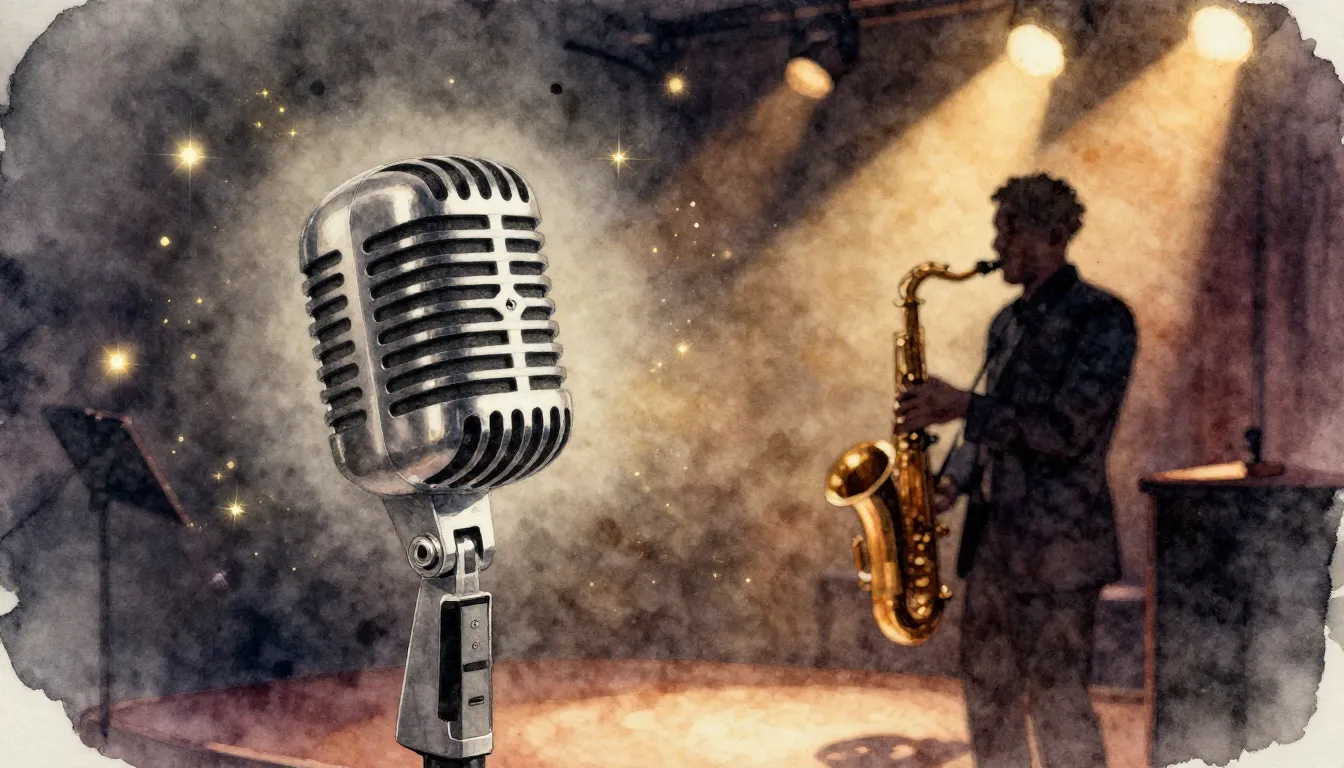 Watercolor style. A cozy jazz club stage with a vintage micr...