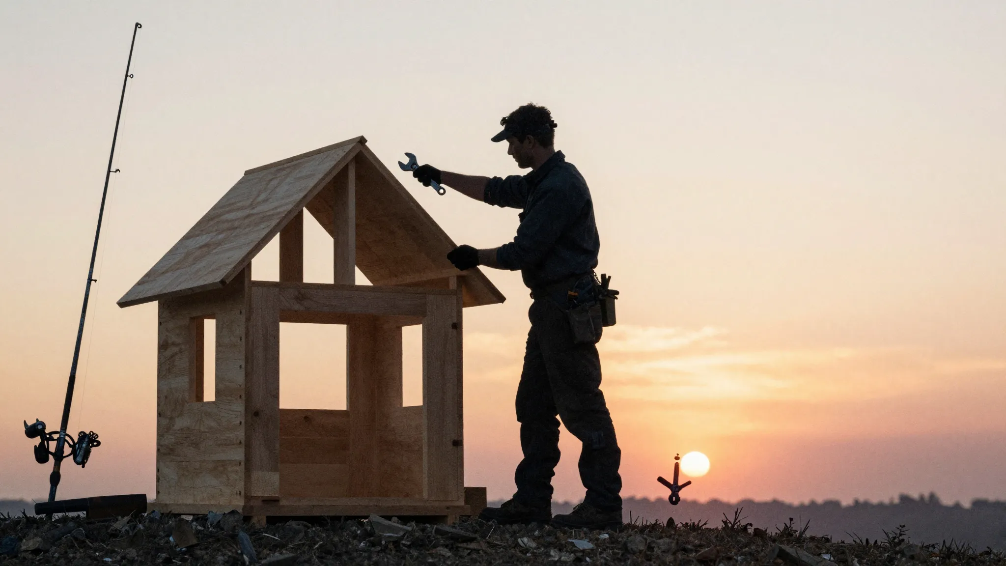 Watercolor style. Silhouette of a skilled man building a woo...