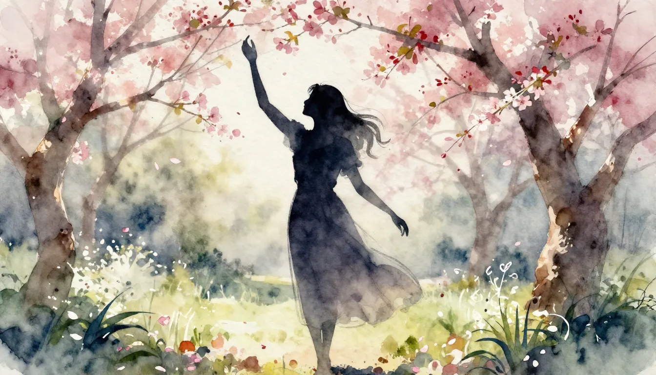 Watercolor style. A graceful female silhouette standing in a...