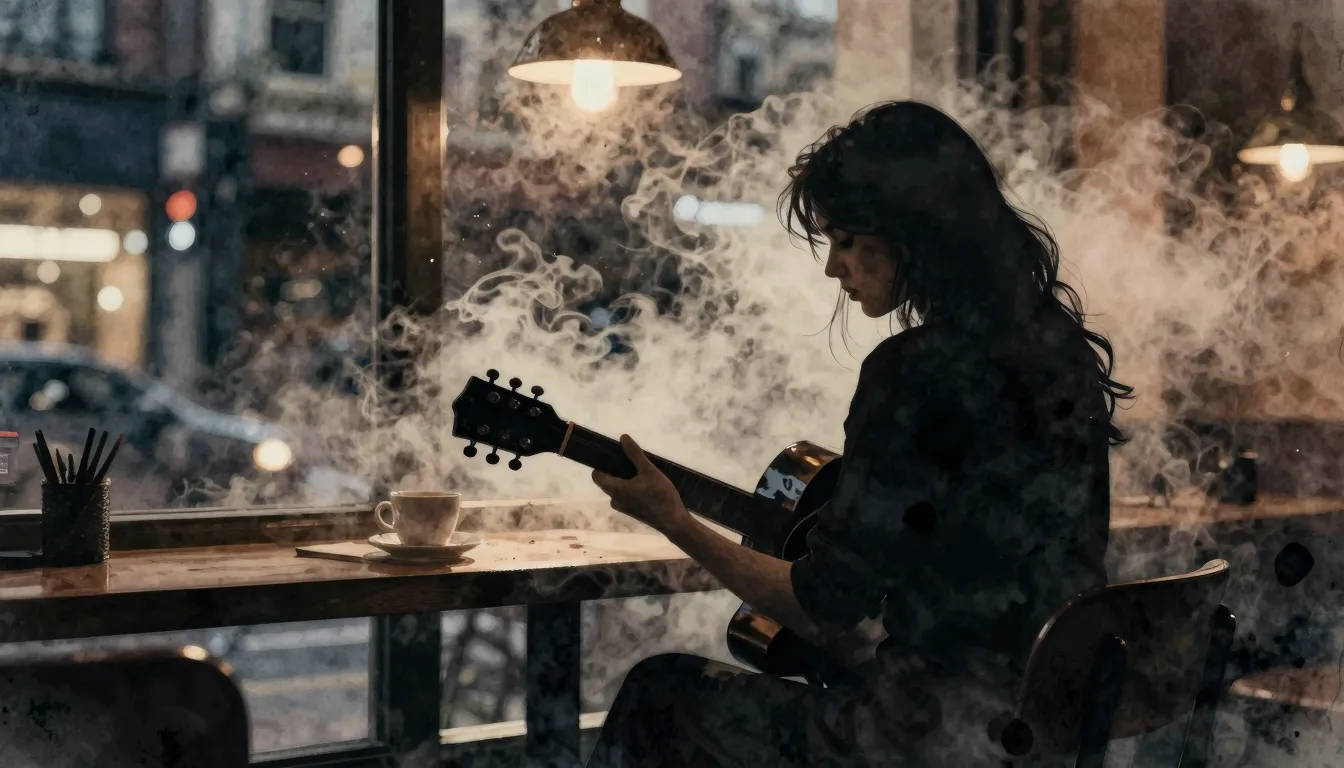 Watercolor style. A silhouette of a girl with a guitar in a ...