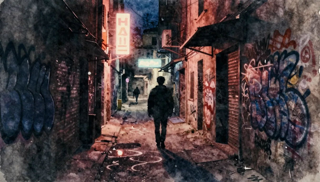 Watercolor style. Dark urban alleyway with neon lights, silh...