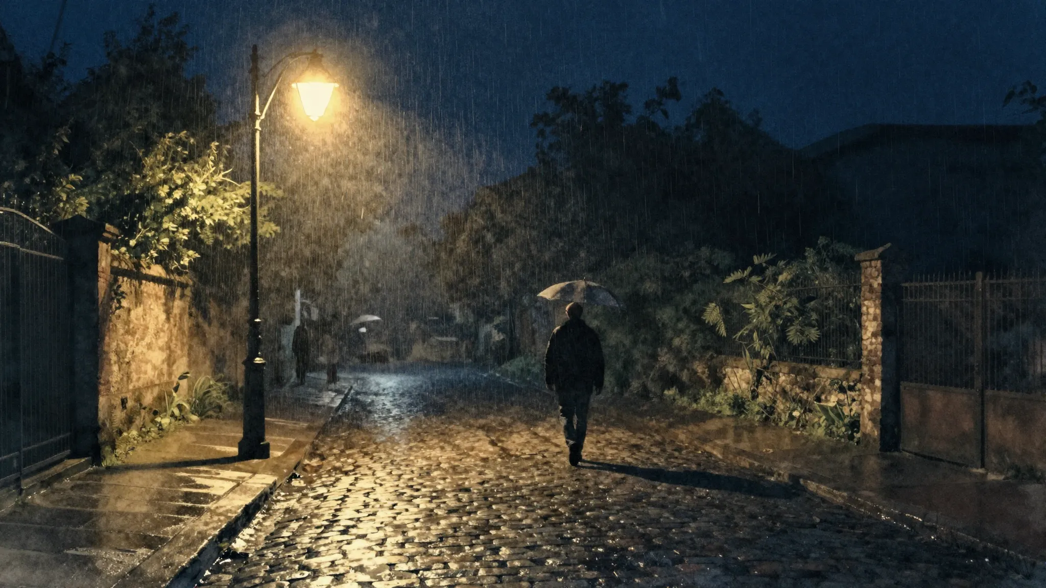 Watercolor style. A lonely street lamp illuminating a wet co...