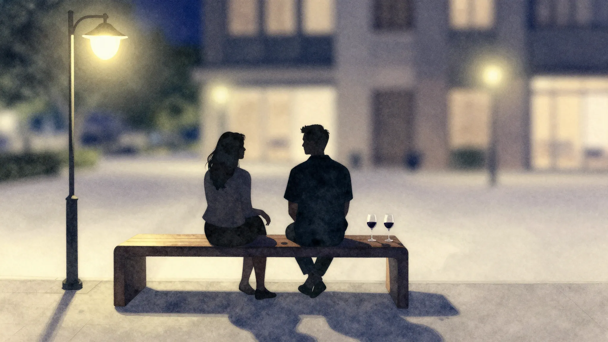 Watercolor style. Silhouettes of two people sitting on a mod...