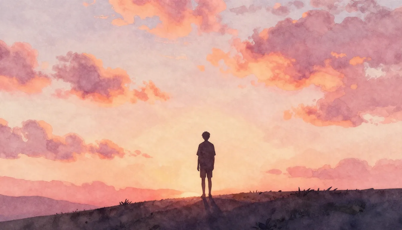 Watercolor style. A silhouette of a person standing on a hil...