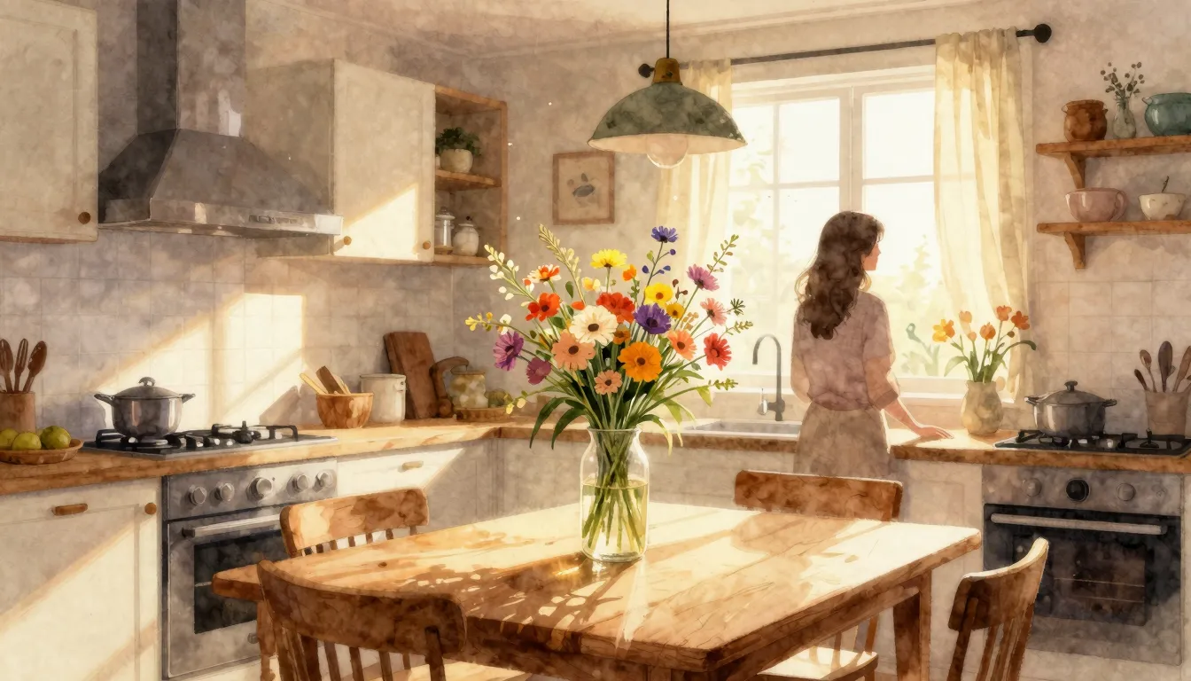 Watercolor style. A warm cozy kitchen interior with sunlight...