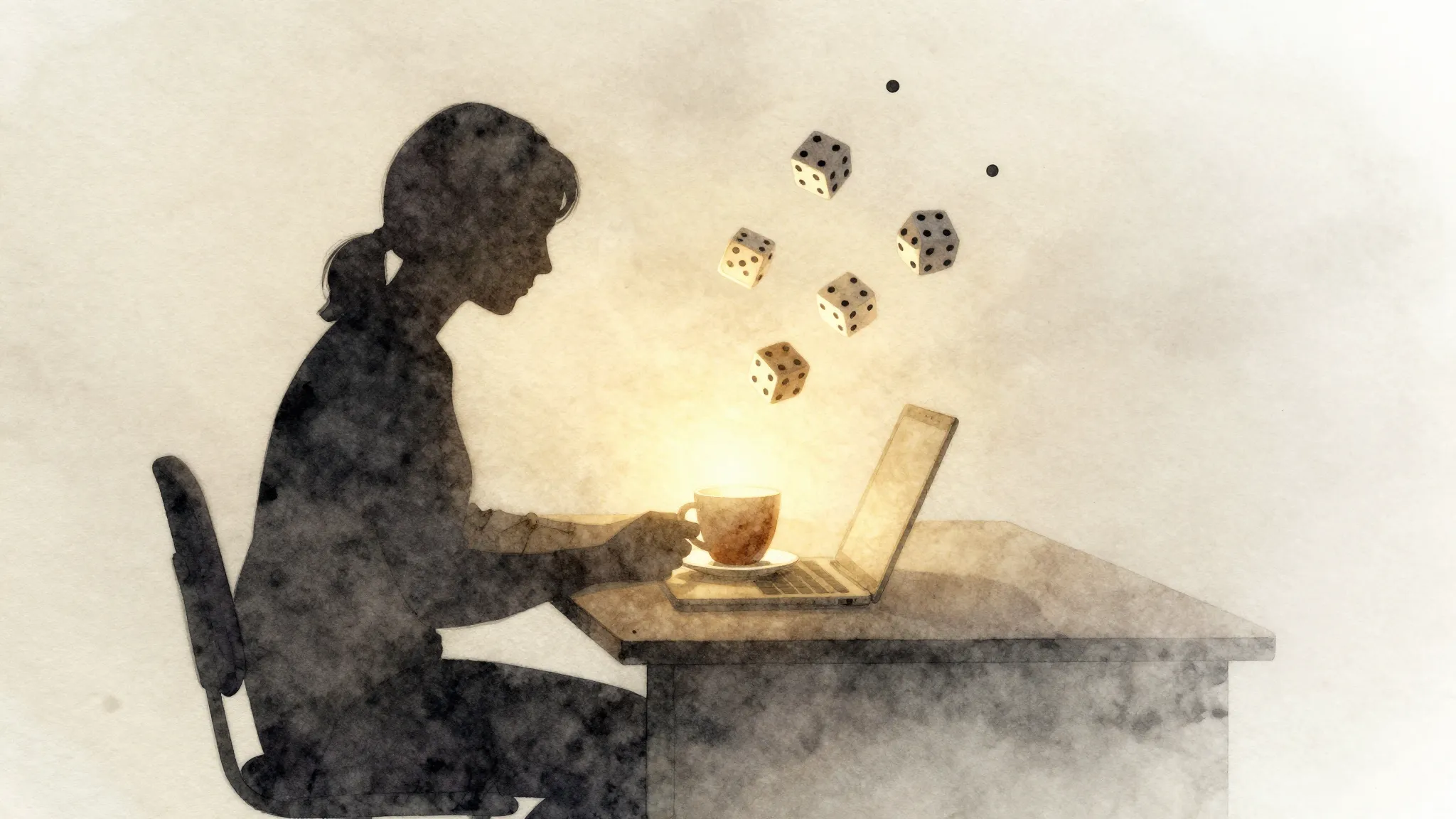 Watercolor style. A silhouette of a person sitting at a desk...