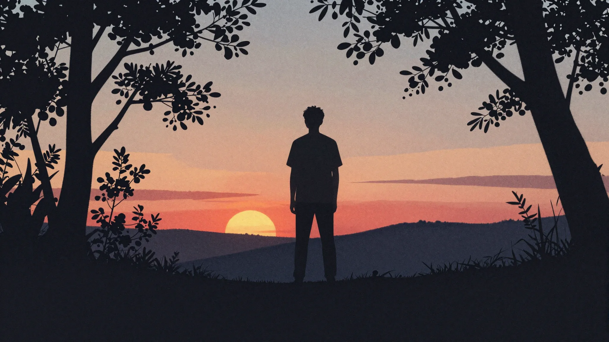 Watercolor style. A silhouette of a man standing on a hill, ...