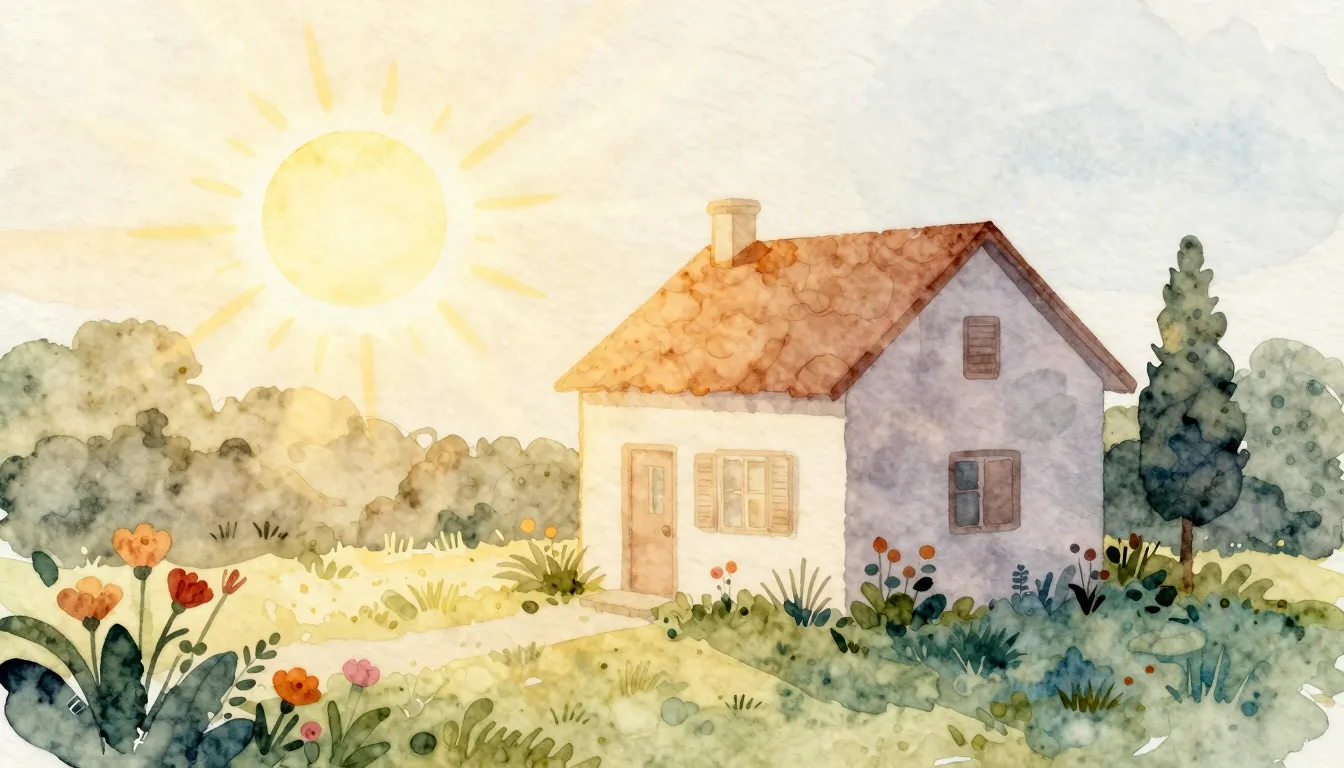 Watercolor style. A bright sun shining over a cozy house sil...