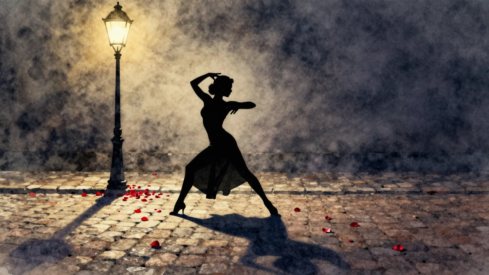Watercolor style. A silhouette of a woman dancing tango alon...