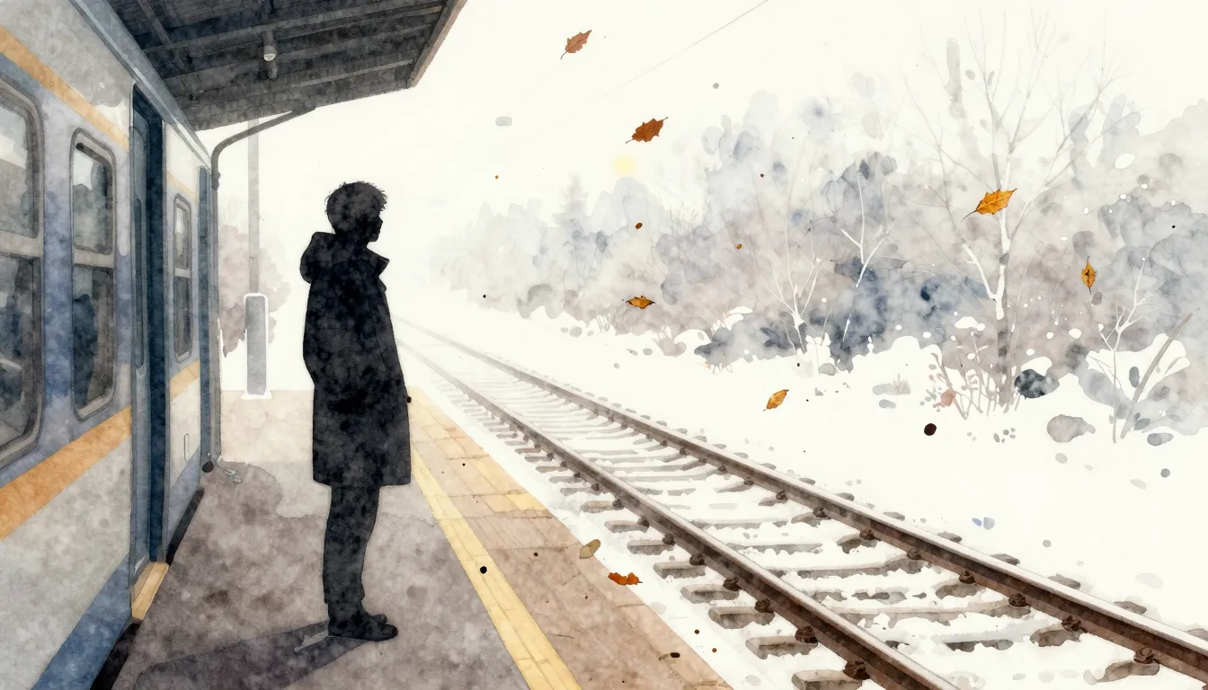 Watercolor style. A silhouette of a person standing on a tra...