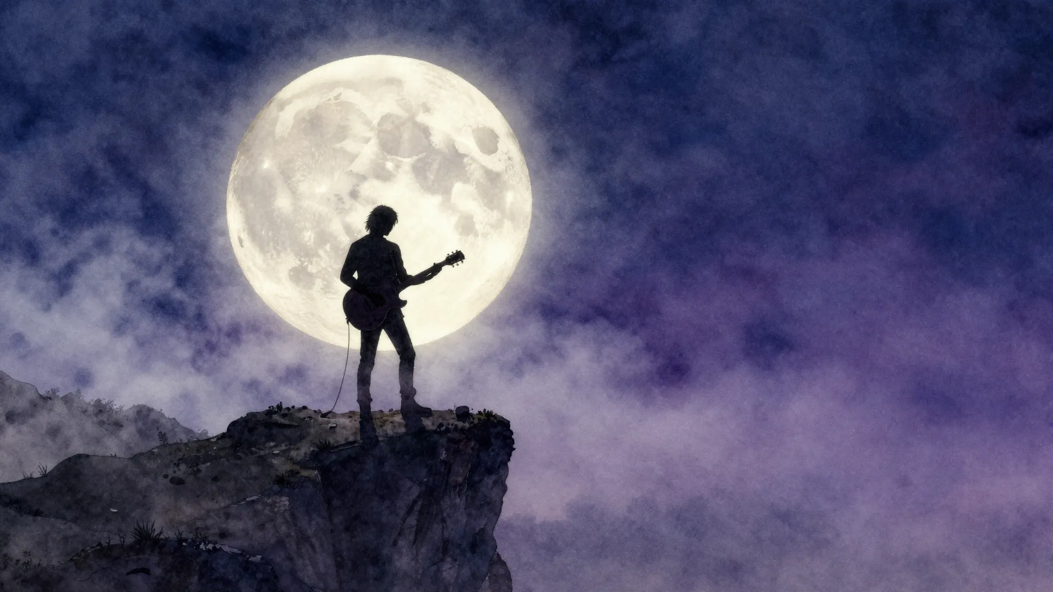 Watercolor style. A dark silhouette of a lonely guitarist on...