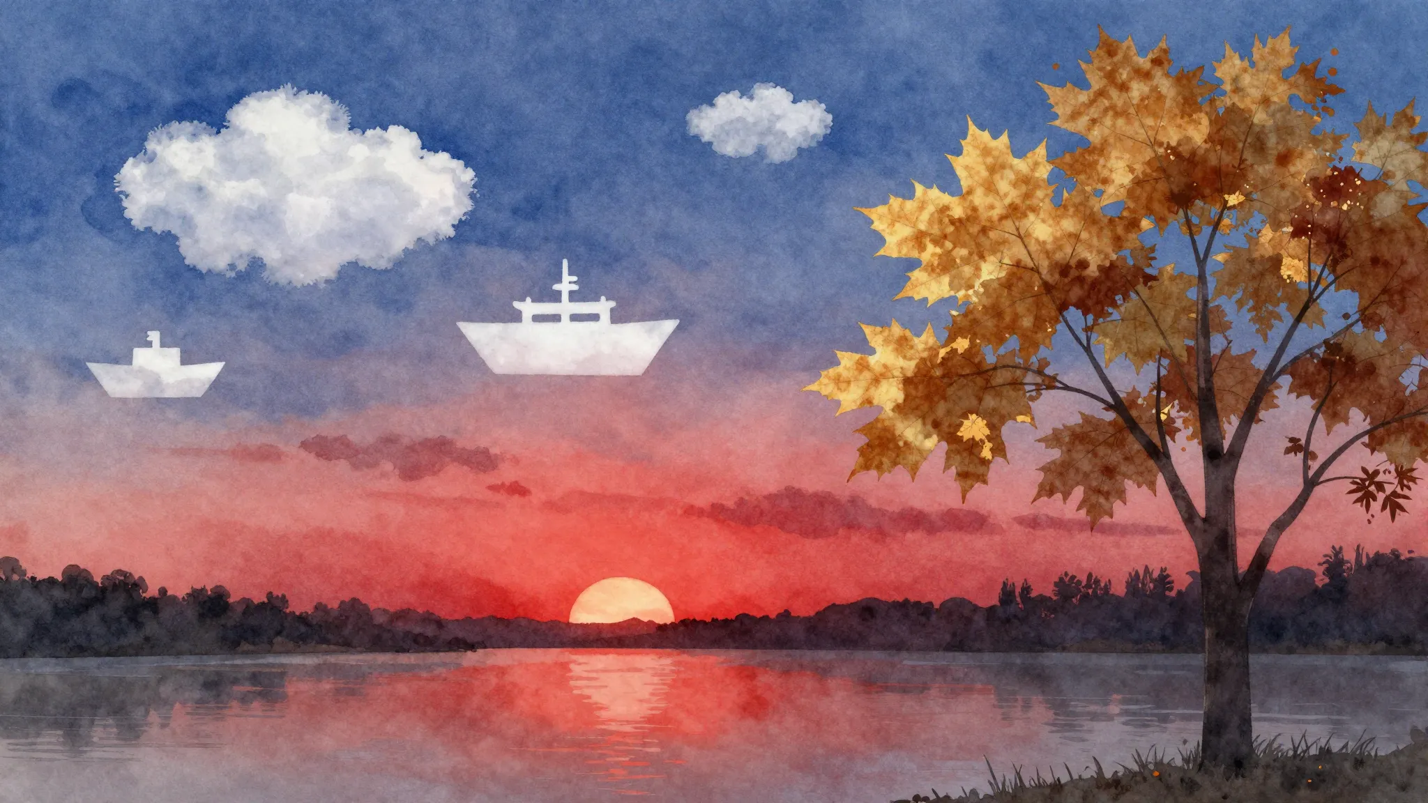 Watercolor style. A vast evening sky with white clouds shape...