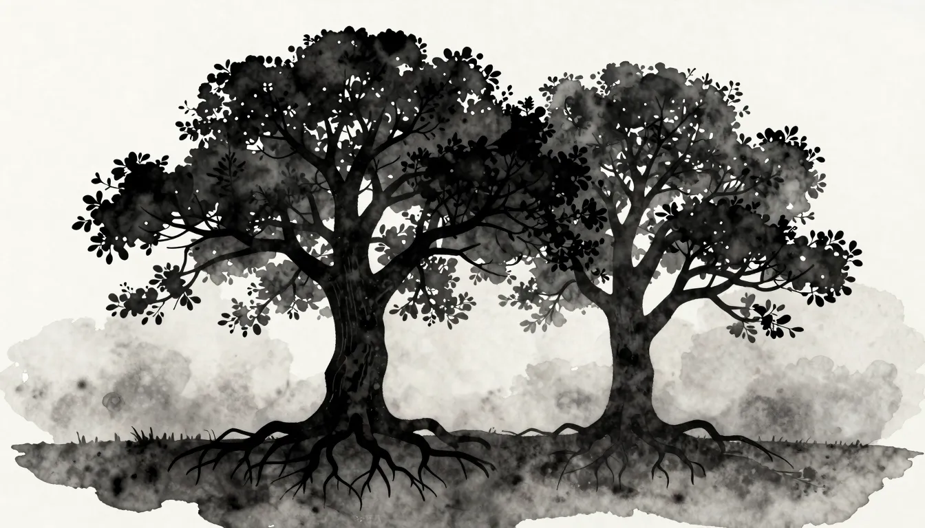 Watercolor style. Silhouette of ancient trees reaching for t...