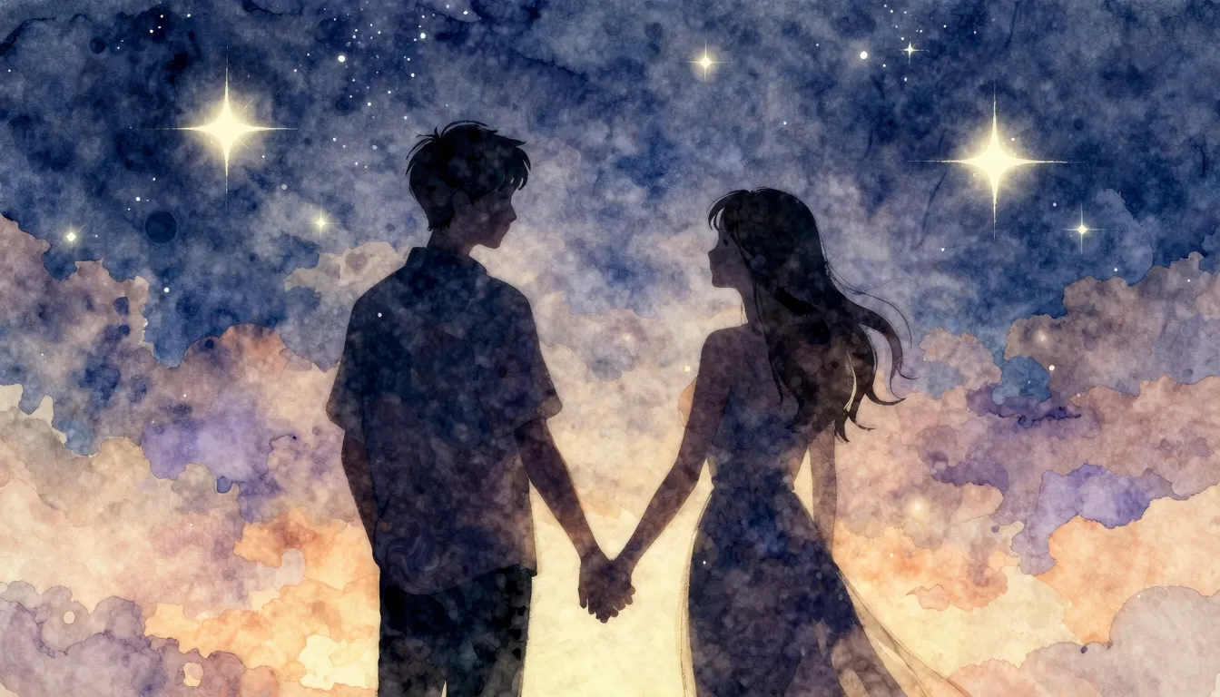 Watercolor style. Silhouette of a couple holding hands under...