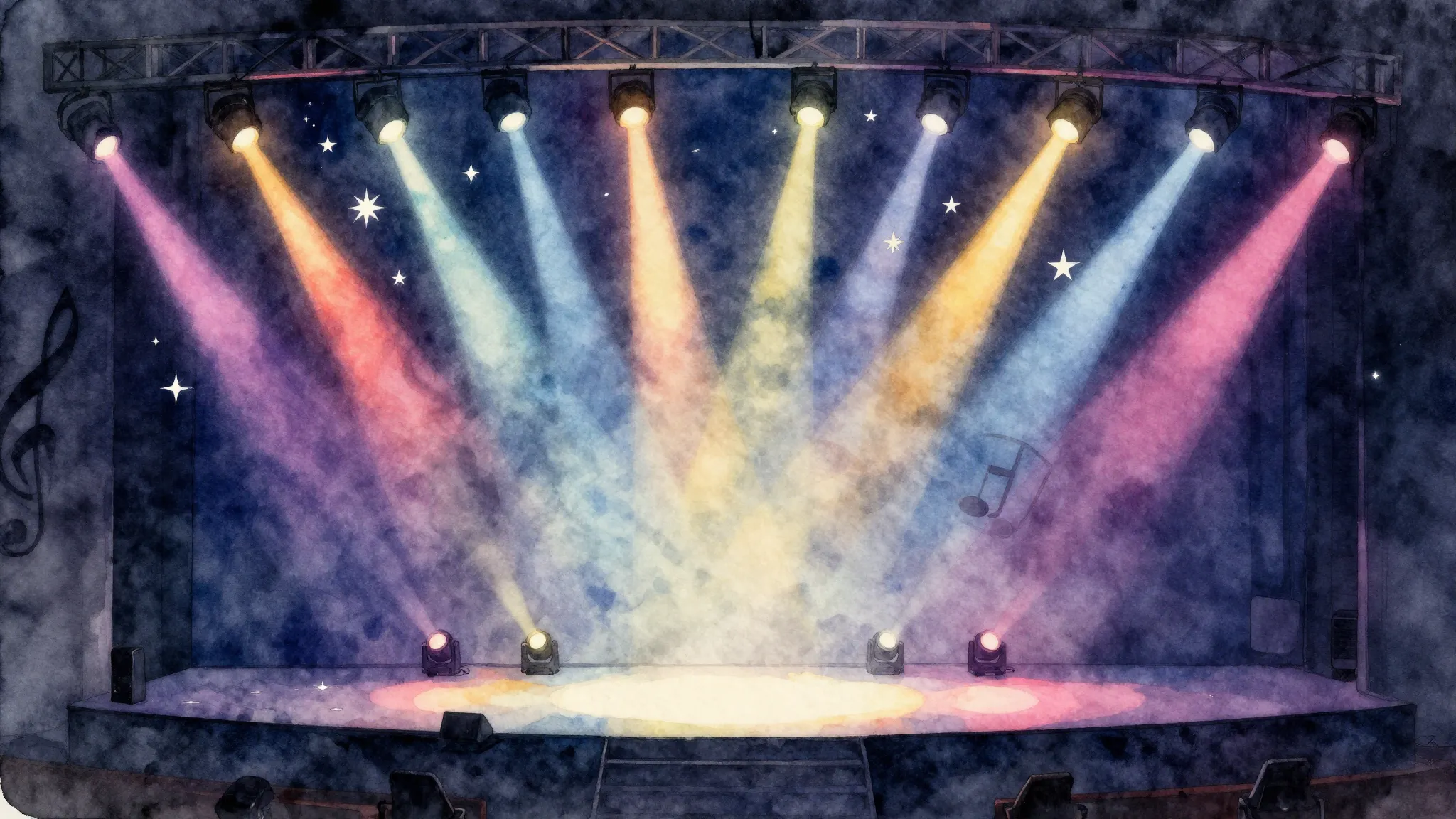Watercolor style. Silhouette of a stage with bright multi-co...
