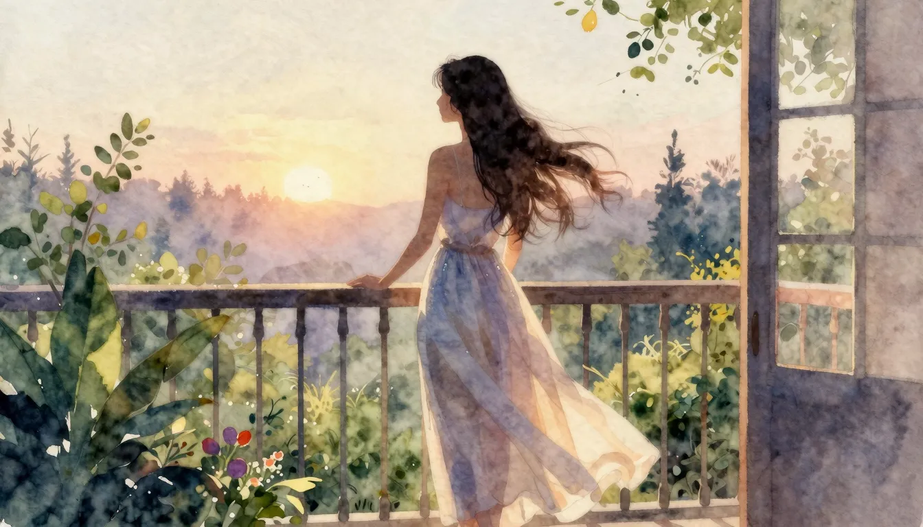 Watercolor style. A silhouette of a woman with long flowing ...