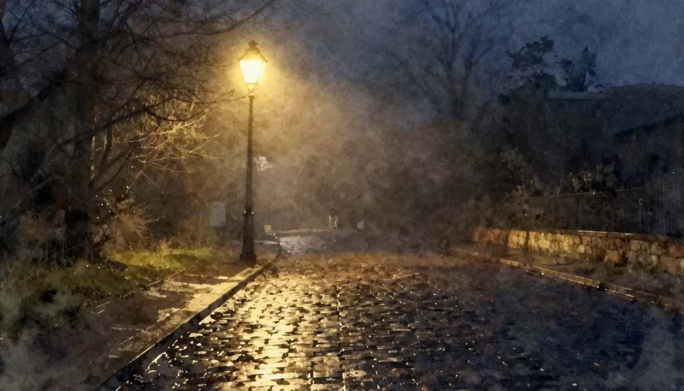 Watercolor style. A solitary street lamp illuminating a wet ...