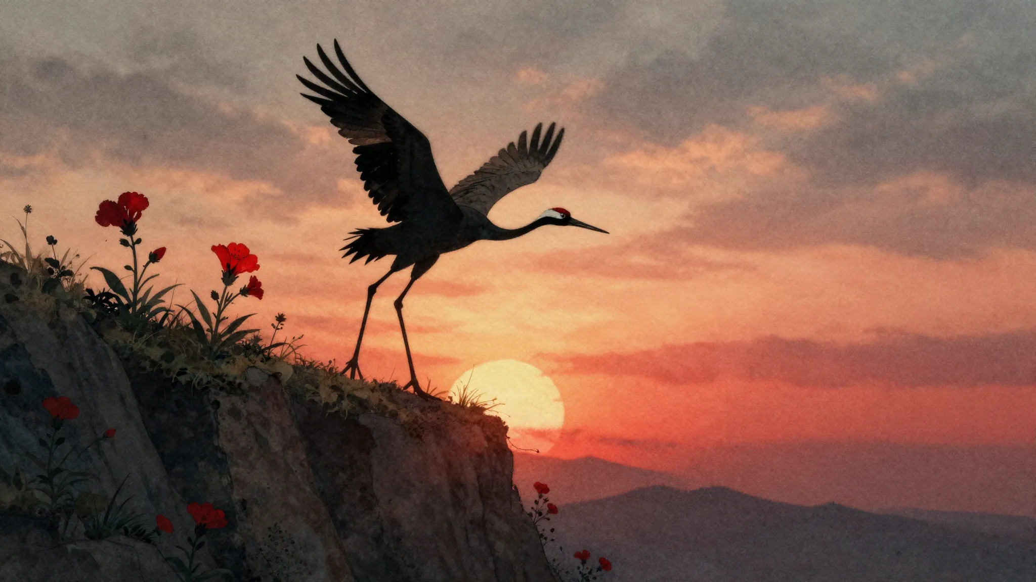 Watercolor style. A silhouette of a crane flying over red fl...