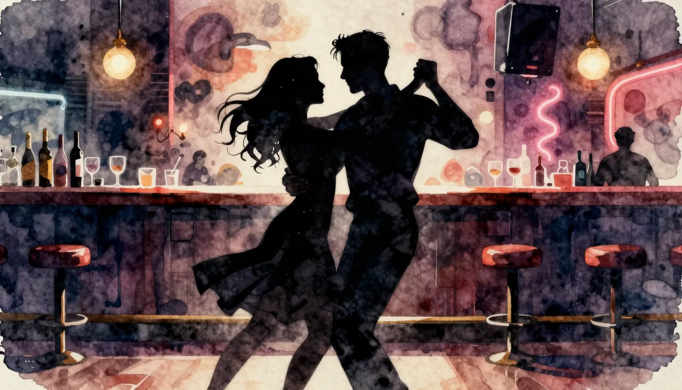 Watercolor style. Silhouette of a man and a woman dancing pa...