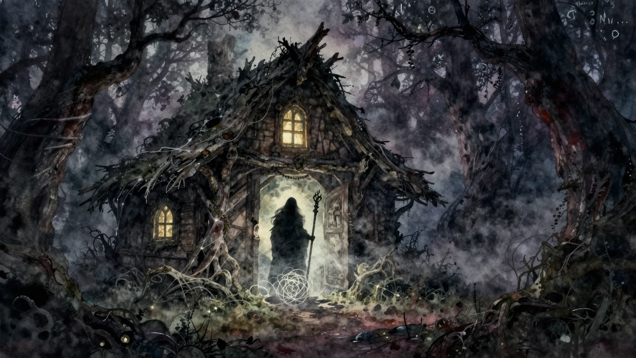 Vibrant watercolor style. Dark folk metal album cover. A mys...