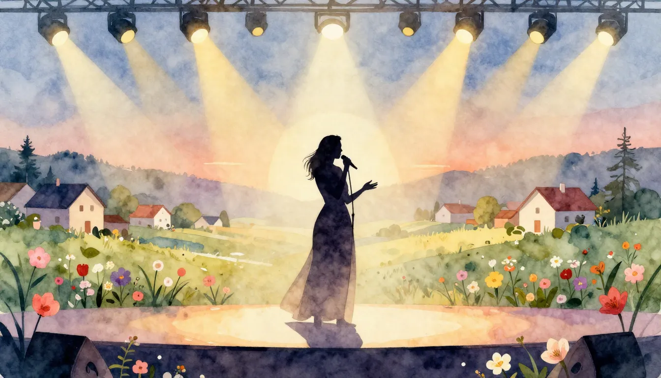 Watercolor style. A silhouette of a woman singing on a stage...
