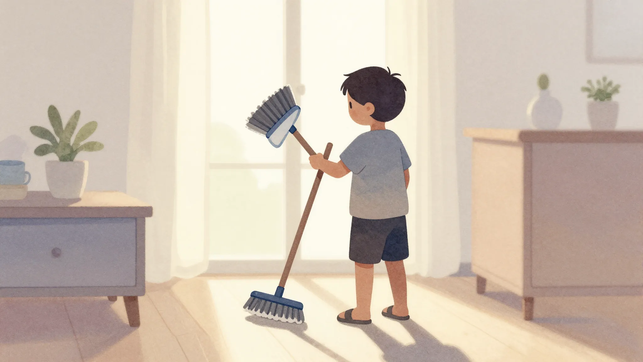Watercolor style. A cozy, sunlit room silhouette of a child ...
