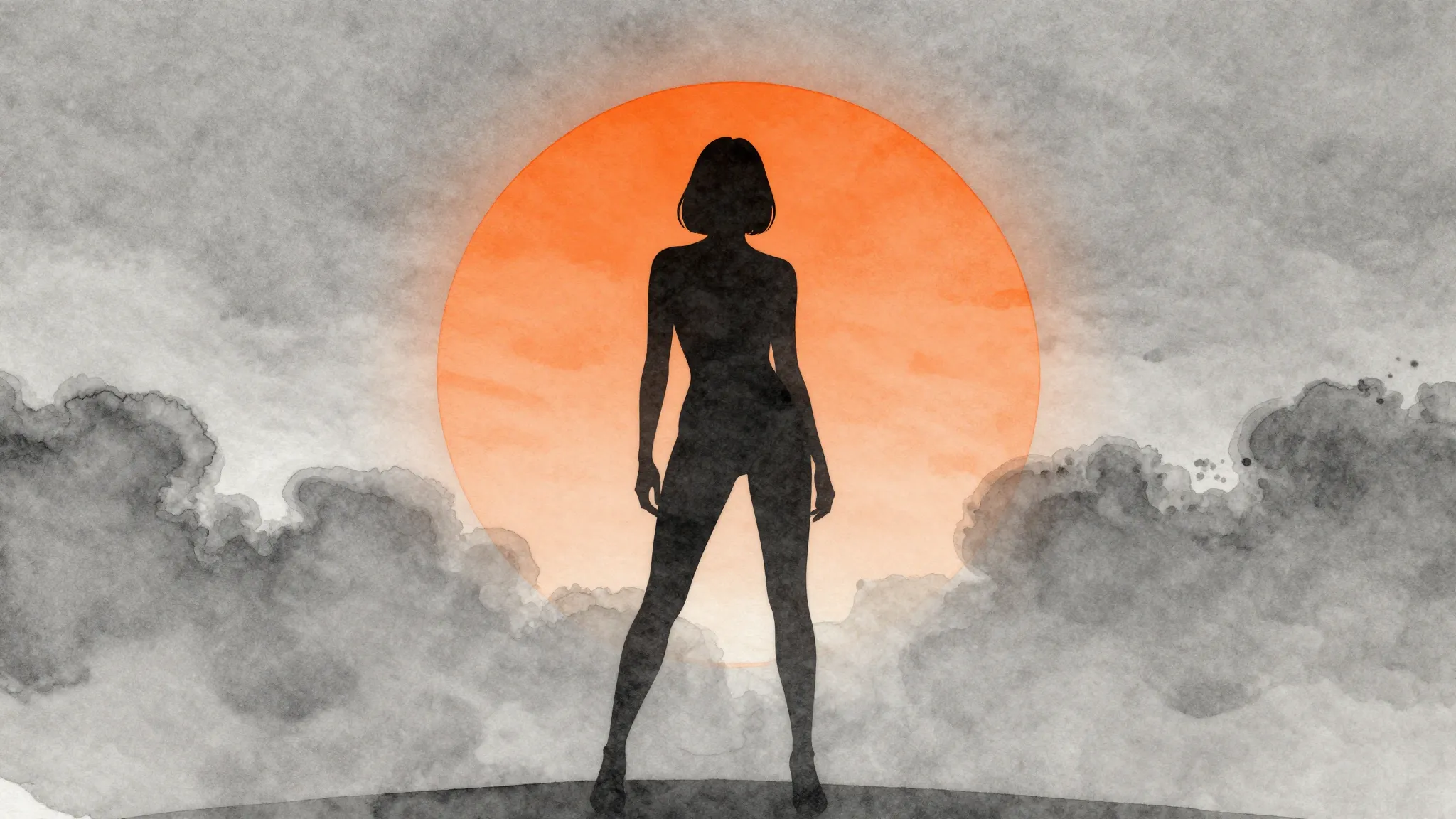 Watercolor style. A silhouette of a confident woman standing...