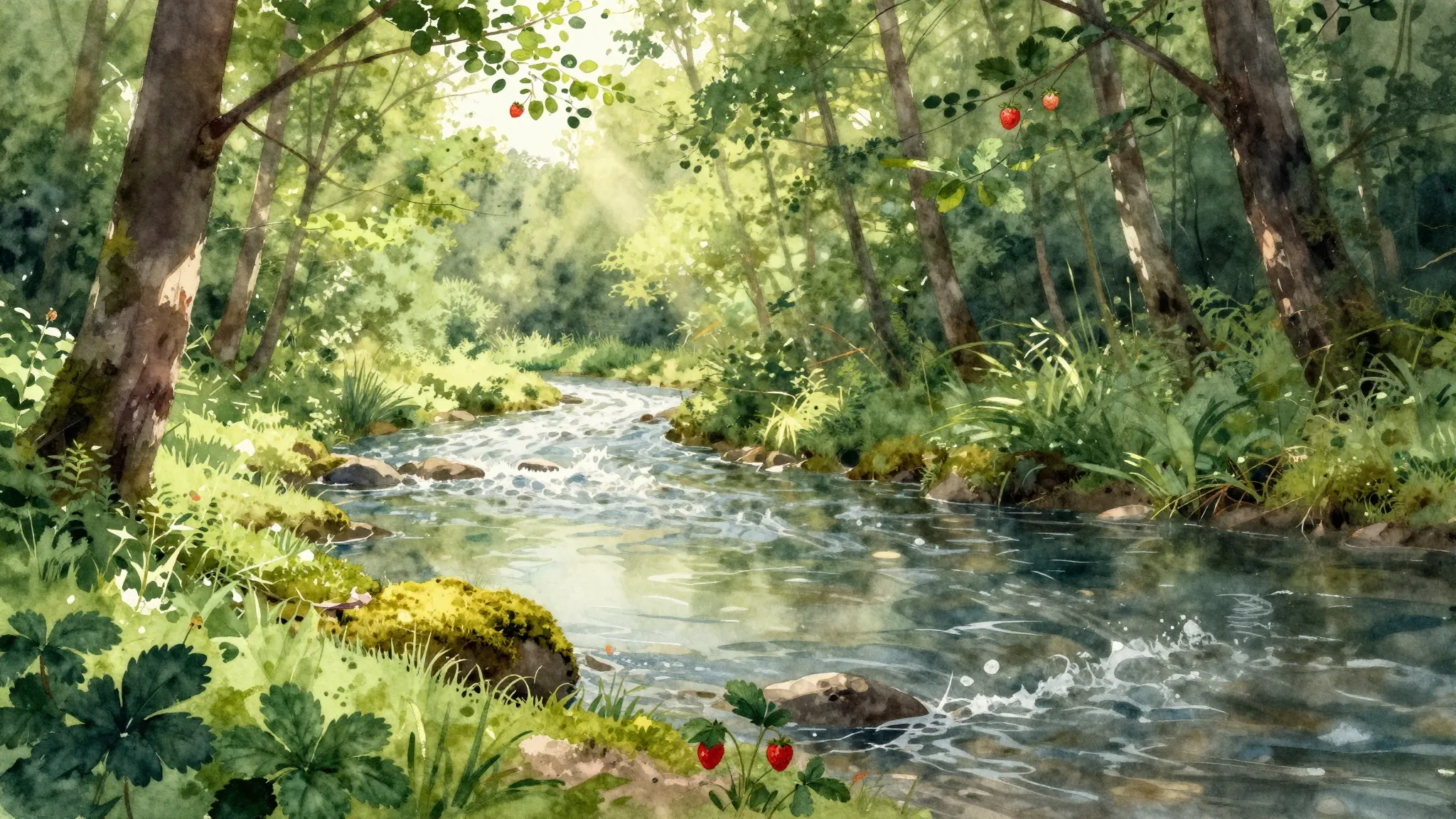 Watercolor style. A serene summer landscape, a gentle river ...
