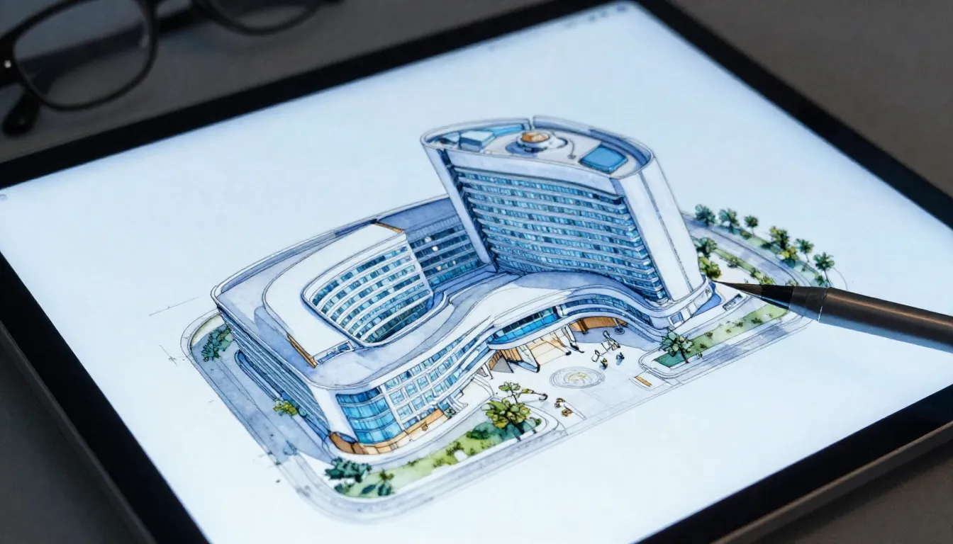 Watercolor style. Close-up of a digital tablet showing a 3D ...