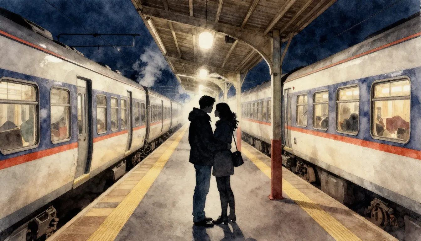 Watercolor style. Train station platform at night, silhouett...