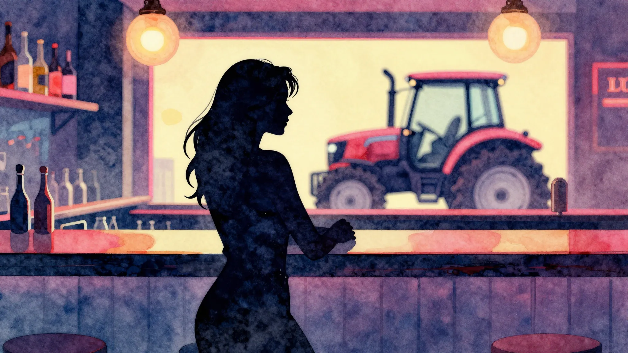 Watercolor style. Silhouette of a woman at a bar counter wit...