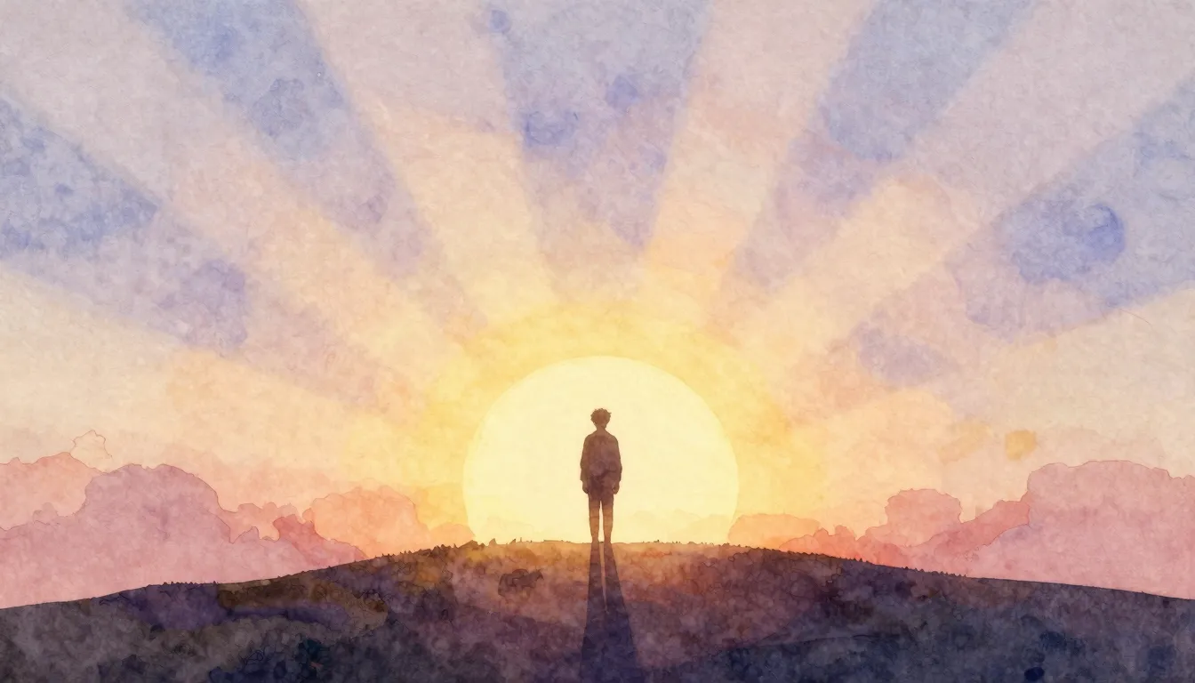 Watercolor style. A silhouette of a person standing on a hil...