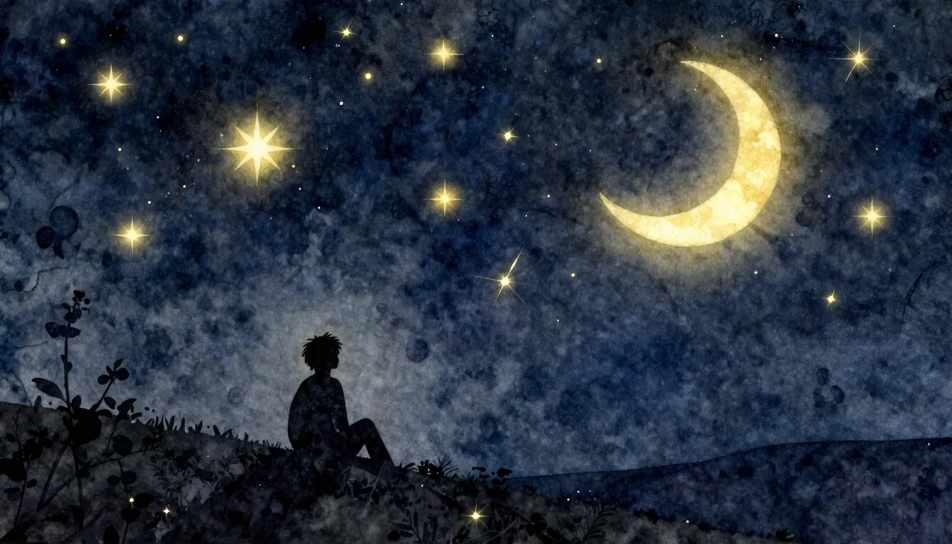 Watercolor style. A dark night sky filled with bright glowin...